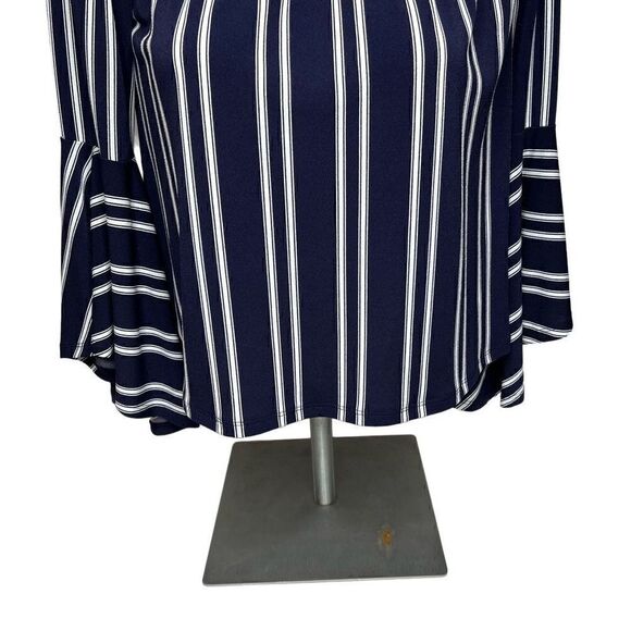 Express navy blue and white striped off shoulder bell sleeve top size M - Picture 4 of 13